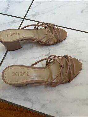 SCHUTZ Taupe Strappy Block Heel Mules